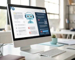 Interfaz digital de chatbot en una computadora moderna en un entorno empresarial con burbujas de chat y un avatar amigable.