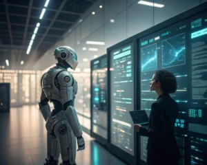 Robot humanoide de inteligencia artificial analizando datos de marketing digital en una interfaz holográfica dentro de una sala de estrategia moderna.