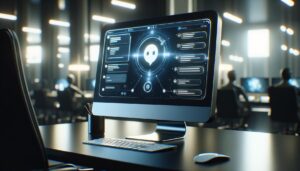 Interfaz de chatbot digital en una computadora moderna, con burbujas de chat interactivas y un fondo de oficina futurista iluminado suavemente.