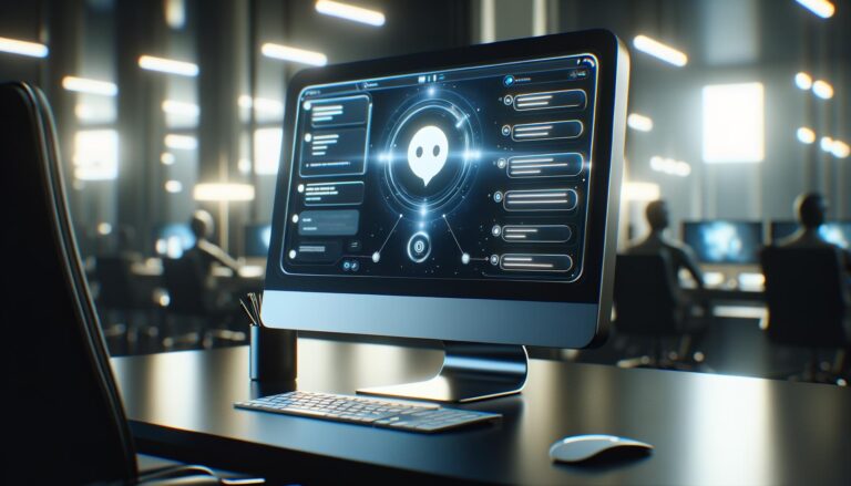 Interfaz de chatbot digital en una computadora moderna, con burbujas de chat interactivas y un fondo de oficina futurista iluminado suavemente.