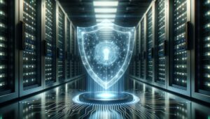 Escudo brillante y translucido que representa un cortafuegos de seguridad digital, frente a una pila de servidores de computadora, con líneas de datos fluyendo alrededor.