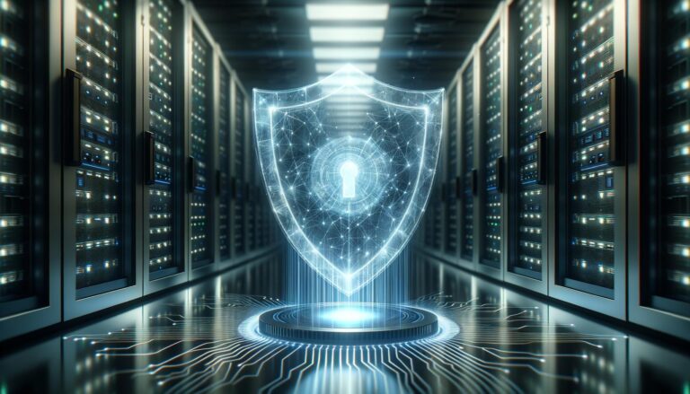 Escudo brillante y translucido que representa un cortafuegos de seguridad digital, frente a una pila de servidores de computadora, con líneas de datos fluyendo alrededor.