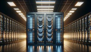 Rack de servidores moderno con cables de red iluminados en un centro de datos minimalista, enfocado en la alta tecnología y el procesamiento de datos.