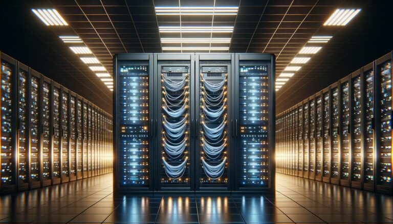 Rack de servidores moderno con cables de red iluminados en un centro de datos minimalista, enfocado en la alta tecnología y el procesamiento de datos.