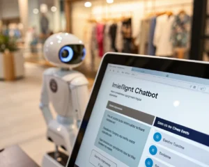Interfaz de un chatbot inteligente en un sitio web de comercio electrónico, con diseño moderno y funcional, en primer plano y fondo desenfocado.