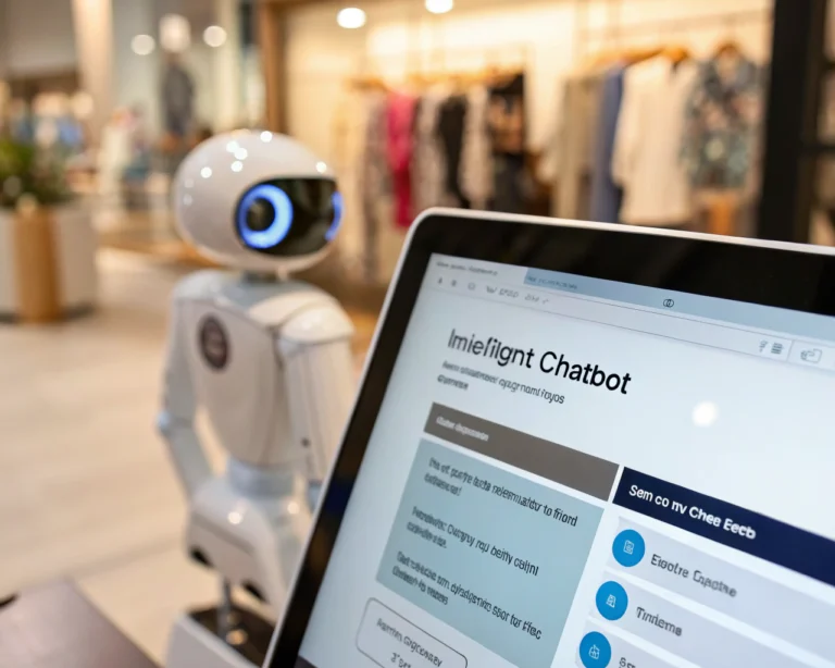 Interfaz de un chatbot inteligente en un sitio web de comercio electrónico, con diseño moderno y funcional, en primer plano y fondo desenfocado.