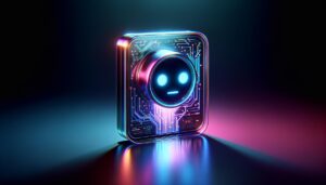 Interfaz de chatbot futurista en una pantalla digital con circuitos complejos y colores vivos creando un ambiente elegante y eficiente.