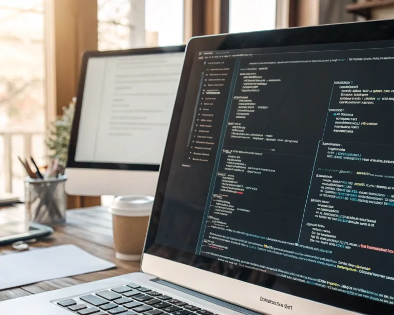 Pantalla de ordenador que muestra un diagrama de la estructura de URL de un sitio web de WordPress, con un entorno de trabajo iluminado de manera natural.