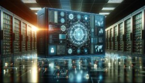 Interfaz de cortafuegos de ciberseguridad mostrando flujos de datos y alertas de seguridad contra ciberamenazas, con una sala de servidores desenfocada de fondo.