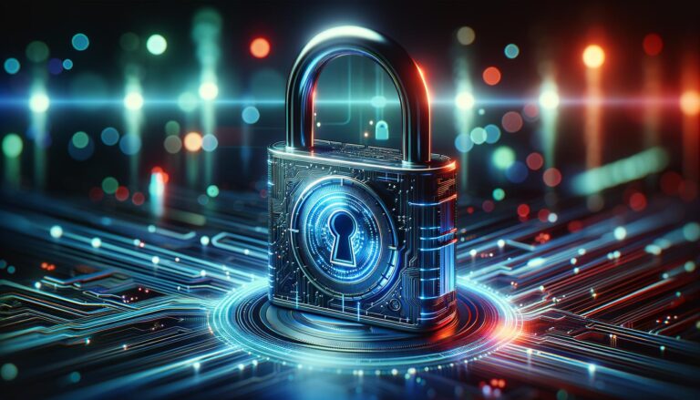 Candado digital elegante en primer plano, rodeado de corrientes de datos abstractas en fondo colorido, representando la seguridad en el comercio electrónico.