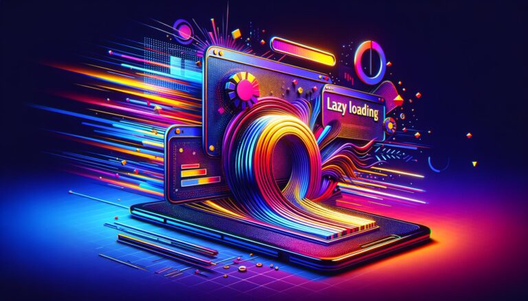 Ilustración digital que representa la carga progresiva de un sitio web con elementos que simbolizan el 'lazy loading' en un entorno moderno y eficiente.