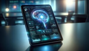 Tablet con software de inteligencia artificial mostrando gráficos y datos en un escritorio minimalista y brillante, simbolizando el procesamiento de IA en dispositivos móviles.