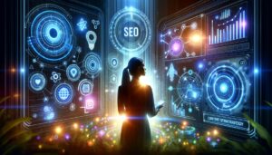 Estratega de marketing digital en un entorno futurista con elementos digitales que representan SEO y estrategia de contenido en 2025.