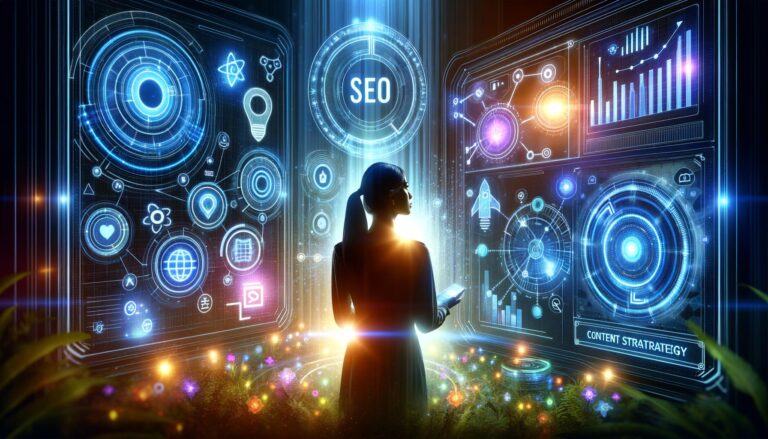 Estratega de marketing digital en un entorno futurista con elementos digitales que representan SEO y estrategia de contenido en 2025.