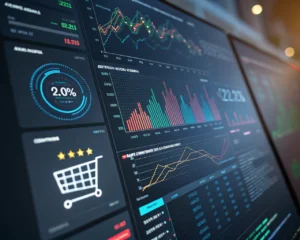 Interfaz digital futurista que visualiza análisis de datos de comercio electrónico en tiempo real, con gráficos dinámicos y estadísticas brillantes en un fondo oscuro, enfocándose en el uso de IA para mejorar las conversiones de ventas, incluyendo un ícono de carrito de compras digital.