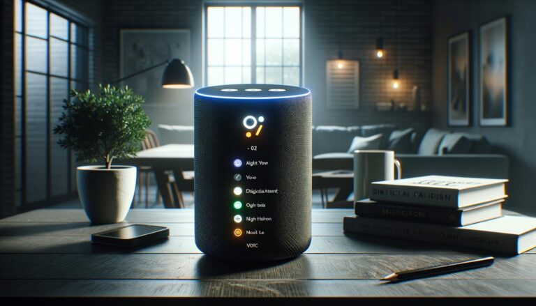 Altavoz de asistente digital sobre un escritorio moderno con luz ambiental. Elementos decorativos como una planta y una taza de café a su alrededor, simbolizando el uso de búsquedas por voz en un hogar contemporáneo.