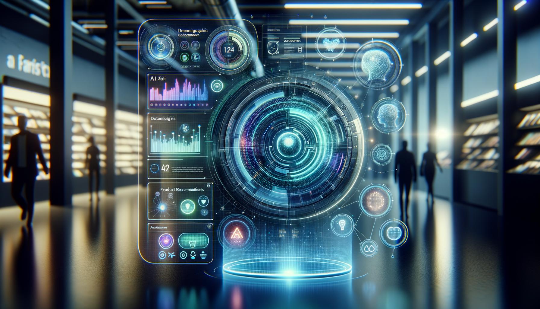 Interfaz digital holográfica futurista interactuando en un entorno de comercio electrónico, con recomendaciones de productos y análisis de datos.