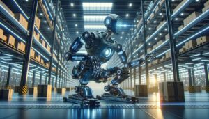 Robot futurista clasificando inventario en un almacén de alta tecnología, con brazos articulados y sensores brillantes, en un entorno automatizado y moderno.