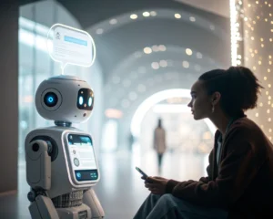 Interfaz de chatbot futurista con un diseño minimalista y animaciones interactivas en un fondo de luz suave.