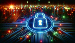 Icono de candado digital brillando en una pantalla de computadora, rodeado de un fondo cibernético abstracto con líneas de datos en colores neón y código binario difuso.