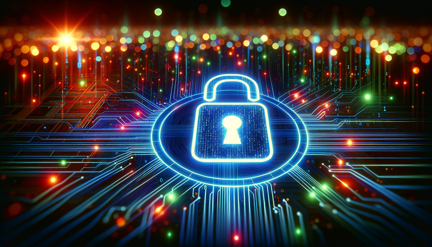 Icono de candado digital brillando en una pantalla de computadora, rodeado de un fondo cibernético abstracto con líneas de datos en colores neón y código binario difuso.