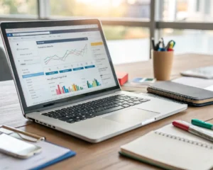 Portátil abierto mostrando Google PageSpeed Insights con un gráfico colorido de métricas de rendimiento, rodeado de herramientas de análisis digital en un espacio de trabajo moderno iluminado por luz natural.