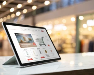 Interfaz de plataforma de comercio electrónico moderna y personalizada para tiendas en línea, con un fondo desenfocado y elementos de escaparates digitales.