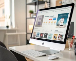 Asistente de compras digital en la pantalla de una computadora, mostrando recomendaciones de productos en un entorno de oficina moderna y tecnológica.