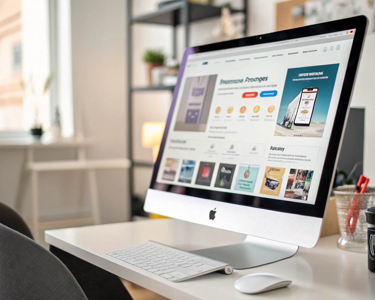 Asistente de compras digital en la pantalla de una computadora, mostrando recomendaciones de productos en un entorno de oficina moderna y tecnológica.