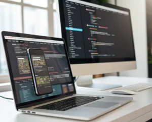 Representación abstracta de un diseño web responsivo en diferentes dispositivos que muestra una interfaz moderna con elementos adaptativos, en un fondo minimalista de espacio de trabajo digital.
