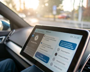 Interfaz de chatbot inteligente en una pantalla digital, mostrando un flujo de conversación dinámico con resplandor difuso alrededor. Primer plano enfocado de la interfaz con fondo desenfocado, simbolizando la interacción fluida y atractiva de la inteligencia artificial.