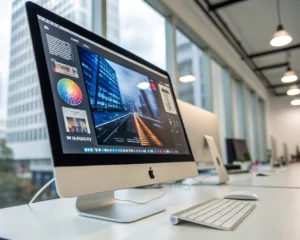 Interfaz digital de chatbot en pantalla de ordenador en un entorno de oficina moderna, con colores vivos y elementos interactivos, capturando la esencia de la comunicación digital.