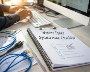 Lista de verificación de optimización de velocidad de un sitio web sobre una mesa de oficina, rodeada de cables y herramientas digitales. La lista está iluminada suavemente, con monitores y un teclado visibles en el fondo. Una mano se extiende hacia la lista, indicando urgencia y enfoque.