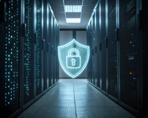 Icono de escudo digital brillante en el centro, rodeado de patrones de código binario, representando la ciberseguridad.