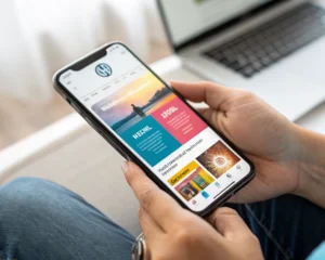 Primerísimo primer plano de un smartphone moderno mostrando en su pantalla un sitio web WordPress cargando rápidamente con colores vibrantes y gran nitidez. El fondo es minimalista y desenfocado, sugiriendo eficiencia tecnológica. Si hay manos sujetando el teléfono, son genéricas y sin rasgos distintivos.