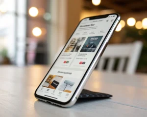 Smartphone moderno sobre una mesa simple, mostrando la pantalla de una tienda en línea con botones grandes y navegación clara. El fondo está desenfocado y el entorno es ordenado y sin distracciones.