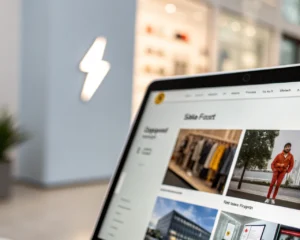 Pantalla de dispositivo digital mostrando imagen de producto en alta resolución y comprimido, ideal para visuales de ecommerce, con fondo de interfaz de tienda online desenfocado y símbolo de rayo que representa velocidad.