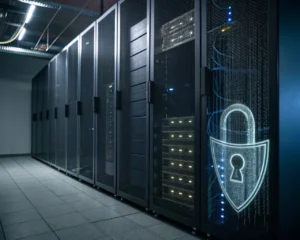 Primer plano de un rack de servidor de base de datos protegido por un escudo transparente, con flujos de código binario que avanzan hacia él; el fondo muestra una sala de servidores oscura y el enfoque resalta el mecanismo de bloqueo metálico del servidor para simbolizar la seguridad tecnológica.