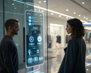 Interfaz de chatbot interactivo en pantalla transparente en un entorno de comercio electrónico futurista, con elementos tecnológicos y una atmósfera iluminada y moderna.