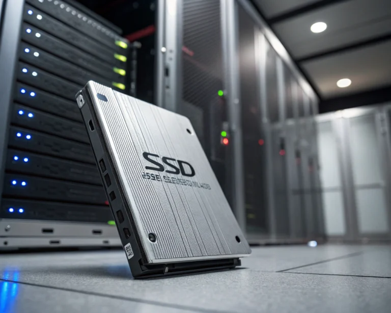 SSD moderno y elegante en un entorno de servidor minimalista, iluminado con luces de colores, enfatizando la velocidad y el rendimiento.