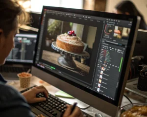 Primer plano de un monitor que muestra una fotografía digital de alta resolución siendo procesada en un software de compresión de imágenes. Controles deslizantes y herramientas de edición rodean la imagen, mientras unas manos ajustan suavemente los controles digitales. El fondo está desenfocado, y el enfoque está en los detalles de la foto y la interfaz tecnológica. No hay personas identificables en la escena.