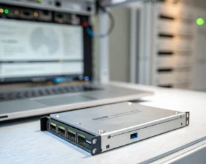 Primer plano extremo de un SSD moderno y metálico brillando, situado sobre un rack de servidores minimalista, con elementos desenfocados de interfaces web al fondo, destacando alta velocidad y tecnología avanzada.