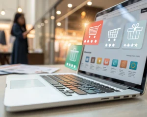 Interfaz digital de recomendaciones de productos flotando sobre un laptop en un entorno de trabajo moderno, con sugerencias personalizadas resaltadas.