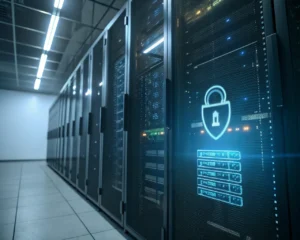 Primer plano de un rack de servidores modernos en un centro de datos, con candados digitales y flujos de datos cifrados en las pantallas, iluminados por una luz ambiental que realza la sensación de seguridad. Un escudo digital aparece sutilmente en una pantalla, simbolizando la protección digital.