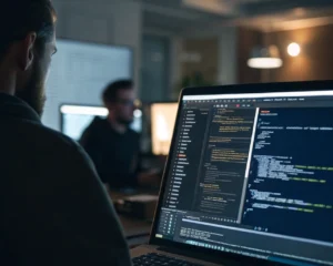 Monitor de computadora mostrando código de una aplicación web con scripts XSS resaltados, en un entorno oscuro y con un resplandor que ilumina el espacio.