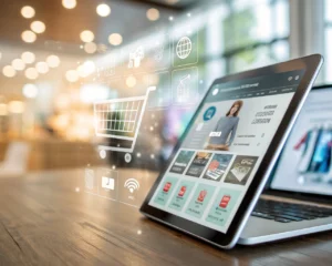 Primer plano de la pantalla de un dispositivo moderno mostrando la interfaz de usuario de una tienda online inteligente con IA. La interfaz incluye recomendaciones personalizadas, banners dinámicos y un chatbot, con elementos que brillan y un fondo tecnológico desenfocado.