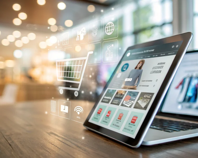 Primer plano de la pantalla de un dispositivo moderno mostrando la interfaz de usuario de una tienda online inteligente con IA. La interfaz incluye recomendaciones personalizadas, banners dinámicos y un chatbot, con elementos que brillan y un fondo tecnológico desenfocado.