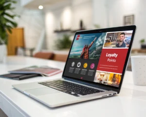 Boletín digital moderno en pantalla de laptop elegante sobre escritorio minimalista. El newsletter muestra secciones destacadas de ofertas personalizadas y recomendaciones de productos, con gráficos vibrantes y una insignia de puntos de fidelidad visible. La imagen posee un primer plano nítido y colorido, mientras el fondo está desenfocado, manteniendo la composición limpia y centrada en el contenido interactivo sin personas presentes.