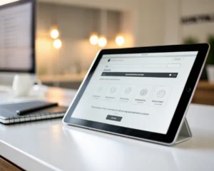Dispositivo digital moderno en un escritorio minimalista mostrando una interfaz de usuario web limpia, intuitiva y sin elementos de marca; el enfoque está en la pantalla, con botones de acción destacados y fondo desenfocado.