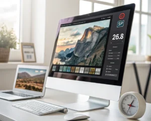 Icono cinematográfico de archivo digital de imagen de alta resolución con dimensiones pixeladas y porcentaje de compresión visible, situado sobre un tablero web moderno y minimalista, con velocímetro de optimización en una esquina y fondo desenfocado.